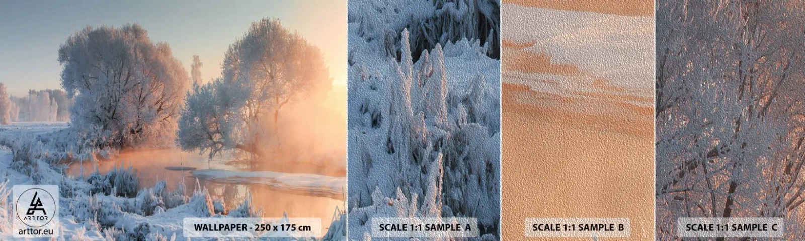 Fototapeten Muster Premium Sand - Alles im Kristall glänzt in der Sonne - Landschaft, Winter, Fluss - 100x30 cm