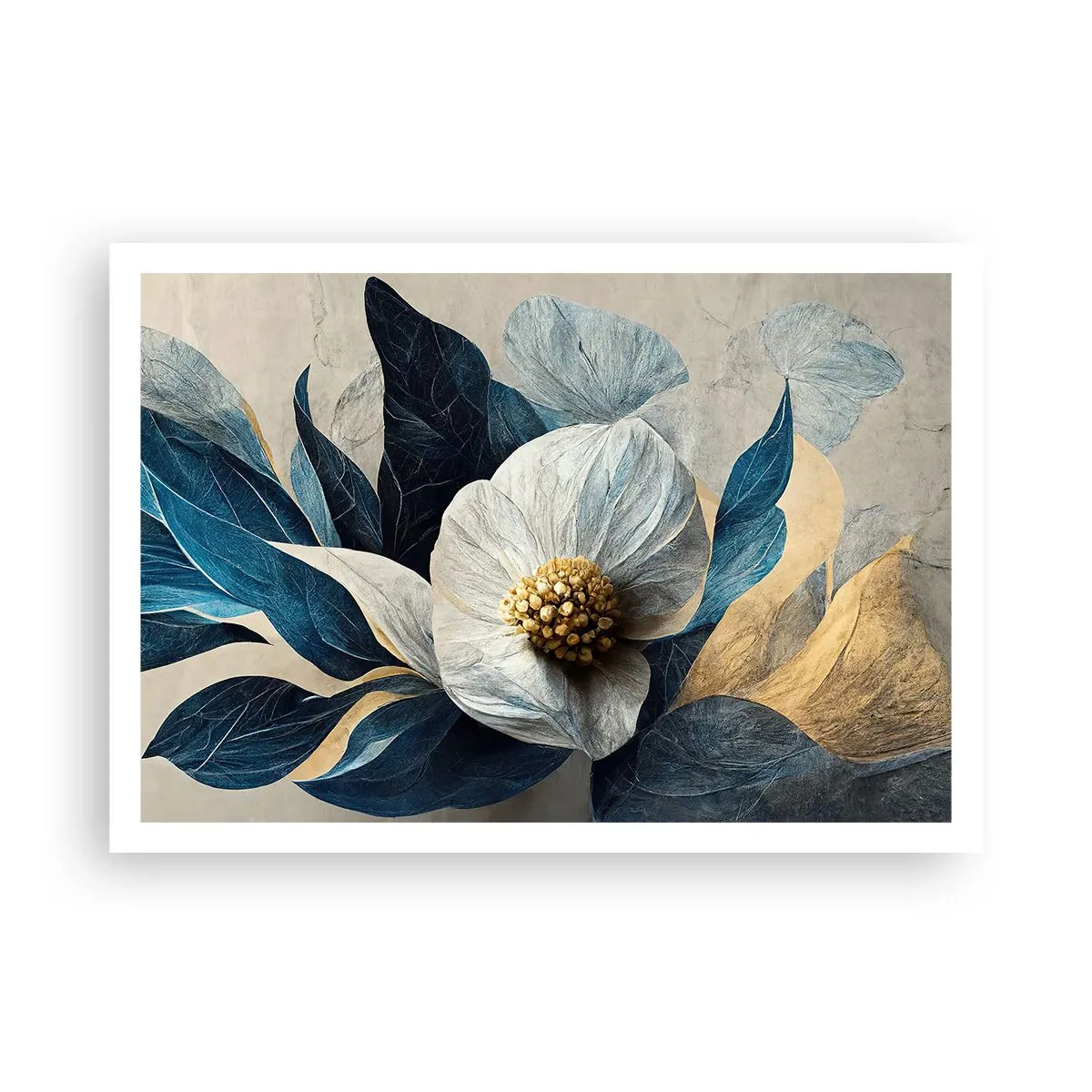 Poster - Eine Blume mit blauen Blättern auf einem eleganten Hintergrund - 100x70cm - Er hat ein Herz aus Gold - Moderne Wanddekoration für Wohnzimmer und Schlafzimmer ARTTOR