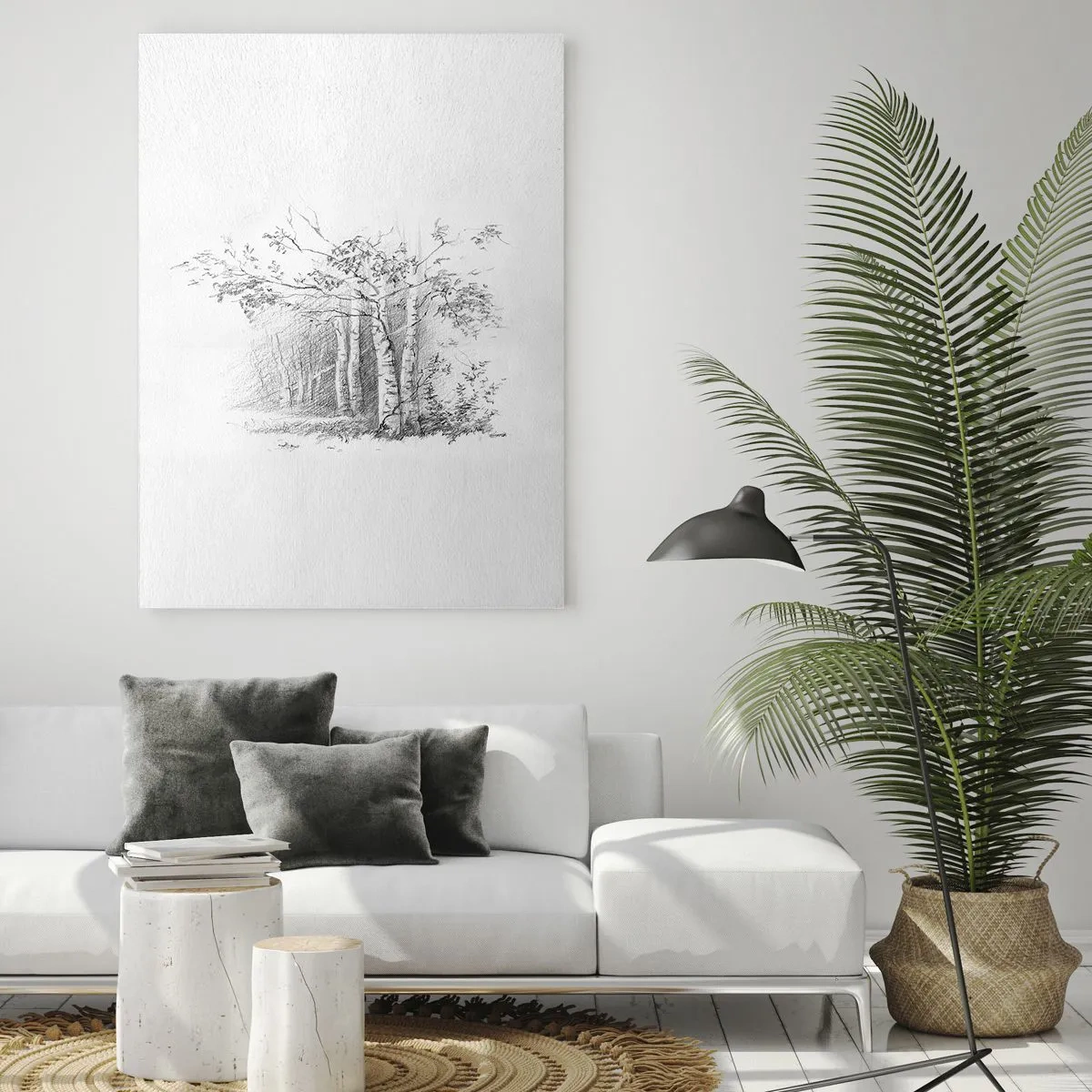 Glasbild - Bild auf glas - Eine Zeichnung eines Birkenwaldes in einer subtilen Bleistiftskizze - 80x120cm - Das Licht des Birkenwaldes - Moderne Wanddekoration für Wohnzimmer und Schlafzimmer ARTTOR