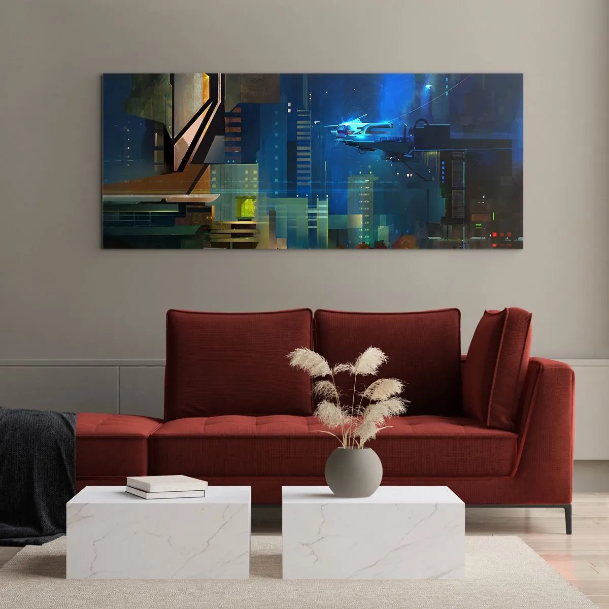Glasbild - Bild auf glas - Futuristische Stadt bei Nacht mit Neonlichtern und einem fliegenden Fahrzeug - 120x50cm - In naher Zukunft - Moderne Wanddekoration für Wohnzimmer und Schlafzimmer ARTTOR