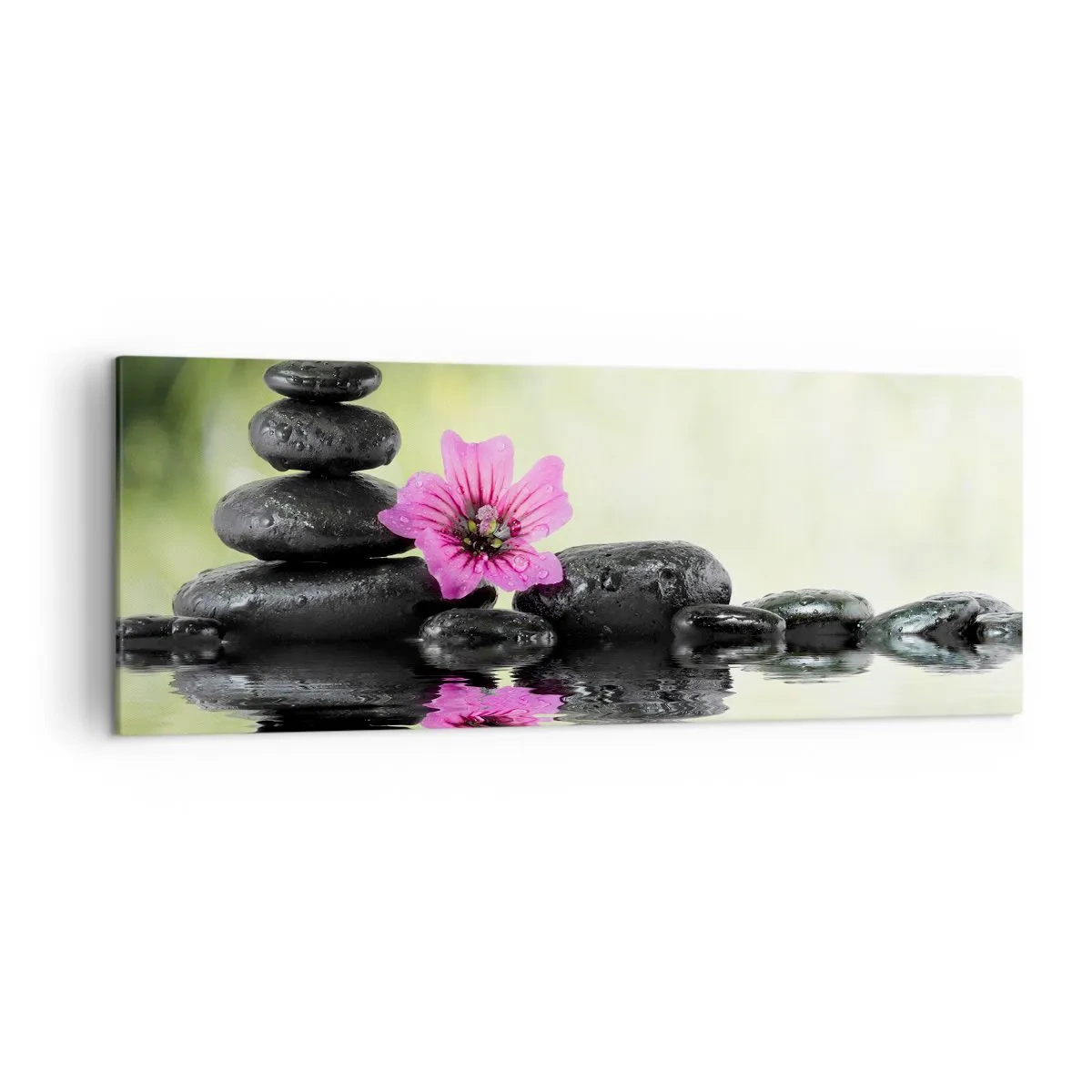 Bild auf Leinwand - Leinwandbild - Zen-Steine und eine rosa Blume spiegeln sich im Wasser - 140x50cm - Zeit für die Seele - Moderne Wanddekoration für Wohnzimmer und Schlafzimmer ARTTOR