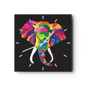 Wanduhr - Glasuhr - Ein buntes Bild eines Elefanten auf schwarzem Hintergrund - 30x30cm - Der Elefant, der es liebte, im Regenbogen zu baden - Moderne Wanddekoration für Wohnzimmer und Schlafzimmer ARTTOR