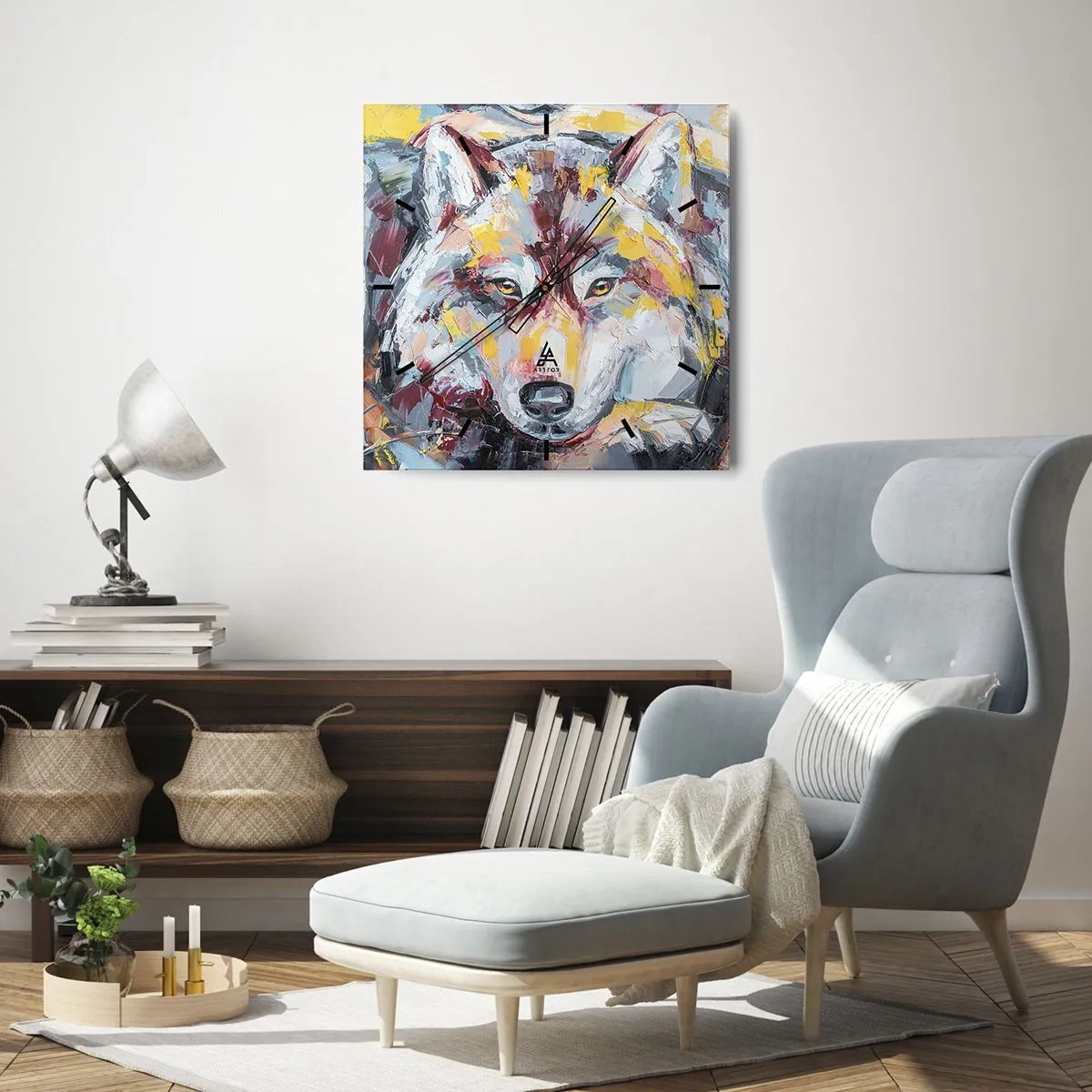 Wanduhr - Glasuhr - Künstlerisches Wolfsportrait in intensiven Farben - 30x30cm - Seelenfrieden unter den Lieben - Moderne Wanddekoration für Wohnzimmer und Schlafzimmer ARTTOR