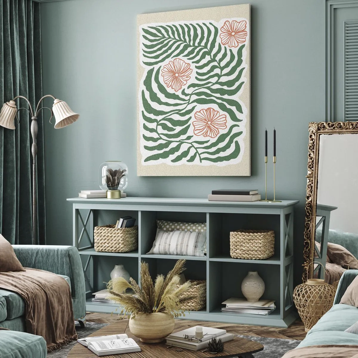 Bild auf Leinwand - Leinwandbild - Ein minimalistisches Motiv aus grünen Blättern mit Blüten in Orangetönen. - 50x70cm - Aufgeblüht in Grün - Moderne Wanddekoration für Wohnzimmer und Schlafzimmer ARTTOR