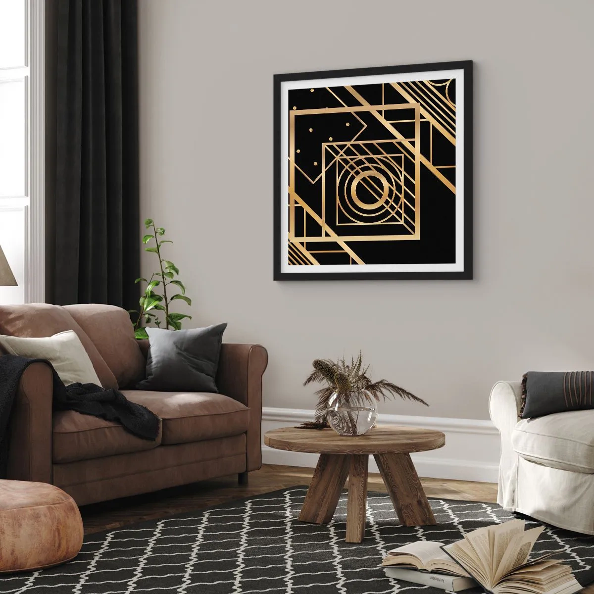 Poster in einem schwarzem Rahmen - Goldene Geometrie - 50x50 cm