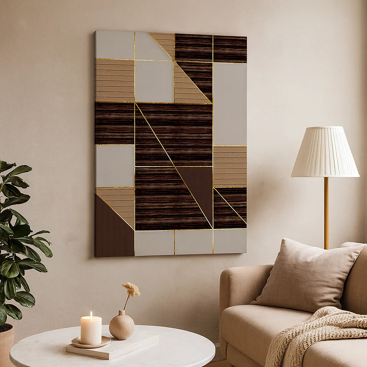 Bild auf Leinwand - Leinwandbild - Geometrische Muster in Brauntönen mit goldenen Linien - 50x70cm - Ein Mosaik aus Braun und Gold - Moderne Wanddekoration für Wohnzimmer und Schlafzimmer ARTTOR