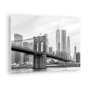 Glasbild - Bild auf glas - Schwarz-Weiß-Foto einer Brücke und Stadtlandschaft - 70x50cm - New Yorker Atmosphäre - Moderne Wanddekoration für Wohnzimmer und Schlafzimmer ARTTOR