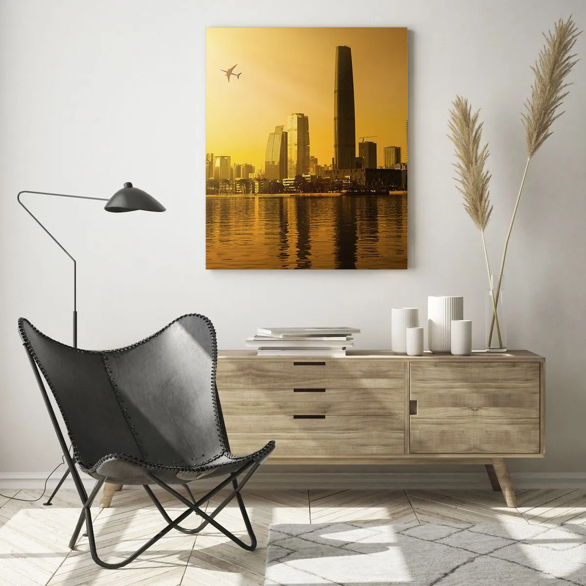 Glasbild - Bild auf glas - Eine moderne Stadt mit Wolkenkratzern bei Sonnenuntergang - 50x70cm - Die goldene Stadt - Moderne Wanddekoration für Wohnzimmer und Schlafzimmer ARTTOR