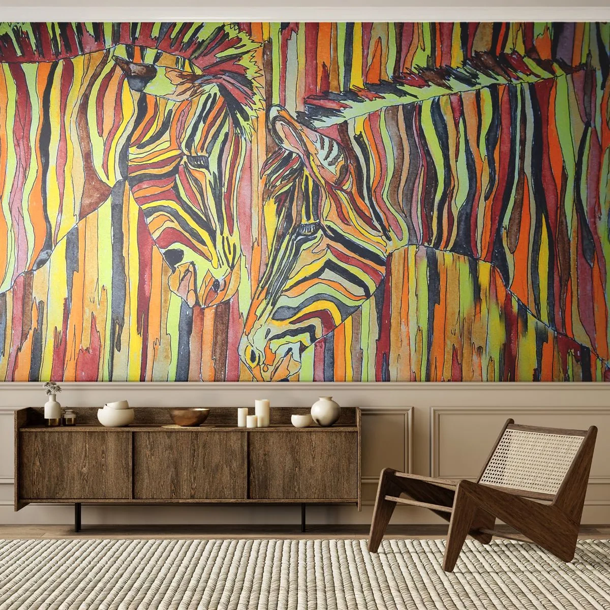 Fototapete Premium Sand - Bunte Zebras in künstlerischer Umsetzung - 100x70cm - Also du auch... - Moderne Wanddekoration für Wohnzimmer und Schlafzimmer ARTTOR