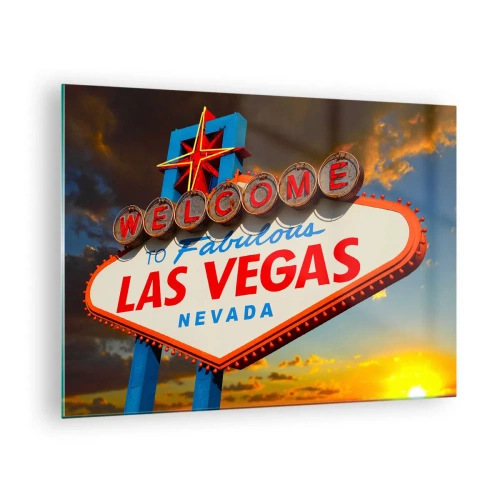 Glasbild - Bild auf glas - Las Vegas Willkommensschild gegen die untergehende Sonne - 70x50cm - Für ein Lächeln des Schicksals - Moderne Wanddekoration für Wohnzimmer und Schlafzimmer ARTTOR