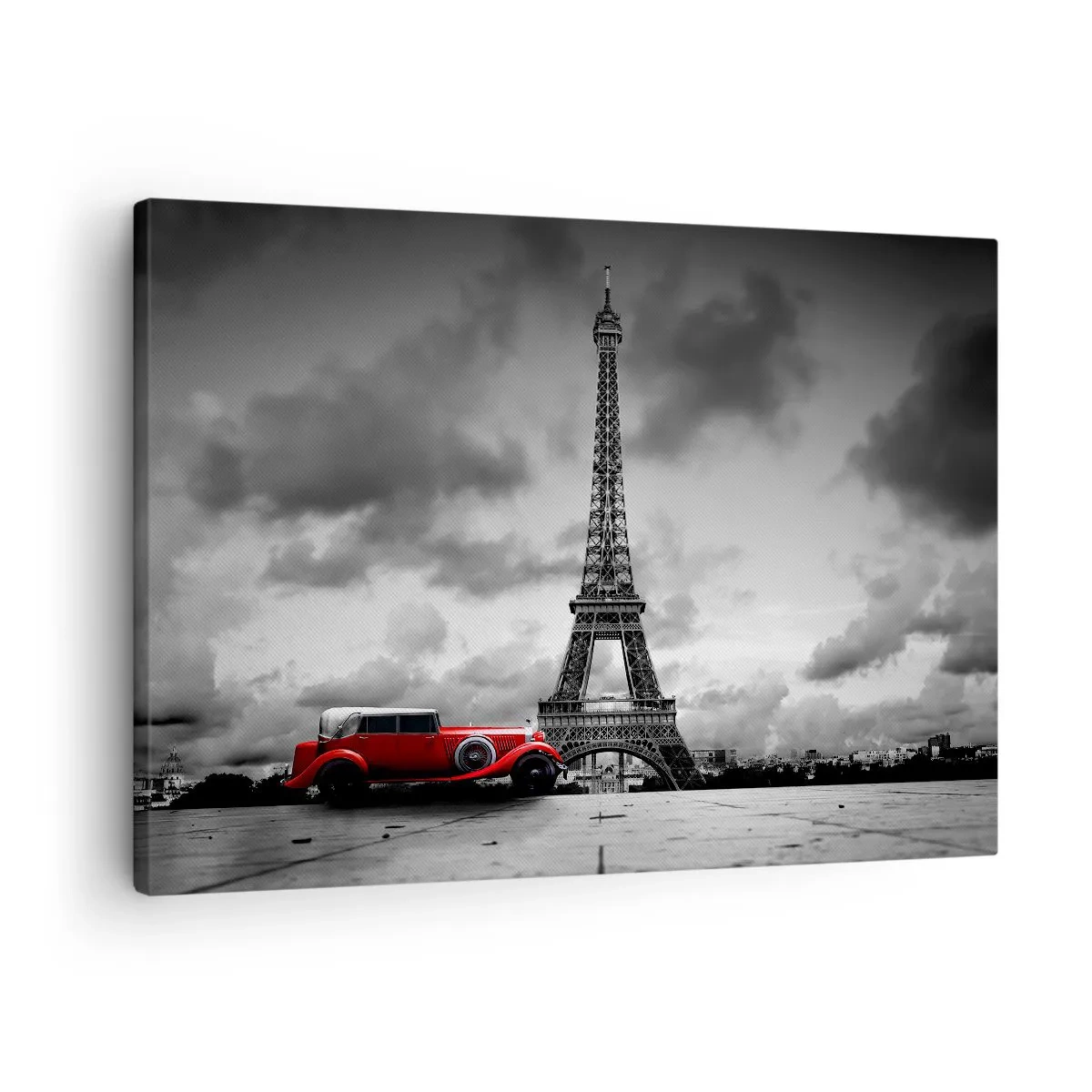 Bild auf Leinwand - Leinwandbild - Rotes Retro-Auto vor dem Eiffelturm in Schwarz und Weiß - 70x50cm - Vor nicht allzu langer Zeit in Paris - Moderne Wanddekoration für Wohnzimmer und Schlafzimmer ARTTOR