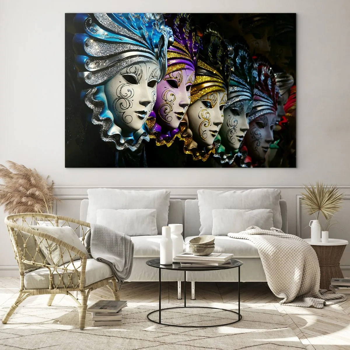 Glasbild - Bild auf glas - Bunte venezianische Masken in einer Reihe - 120x80cm - Geheimnis in Gold und Silber - Moderne Wanddekoration für Wohnzimmer und Schlafzimmer ARTTOR