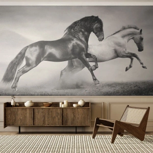 Fototapete Premium Sand - Schwarz-weiße Pferde im dynamischen Galopp - 100x70cm - Engel und Dämonen - Moderne Wanddekoration für Wohnzimmer und Schlafzimmer ARTTOR