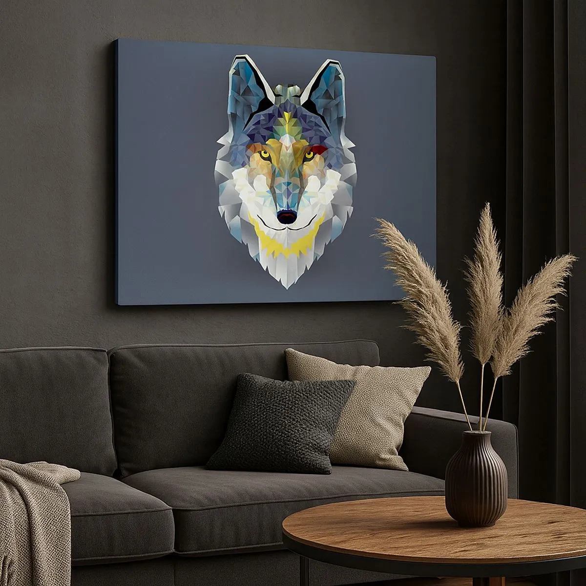 Bild auf Leinwand - Leinwandbild - Geometrisches Bild eines Wolfes auf grauem Hintergrund - 70x50cm - Vom Teufel sprechen - Moderne Wanddekoration für Wohnzimmer und Schlafzimmer ARTTOR