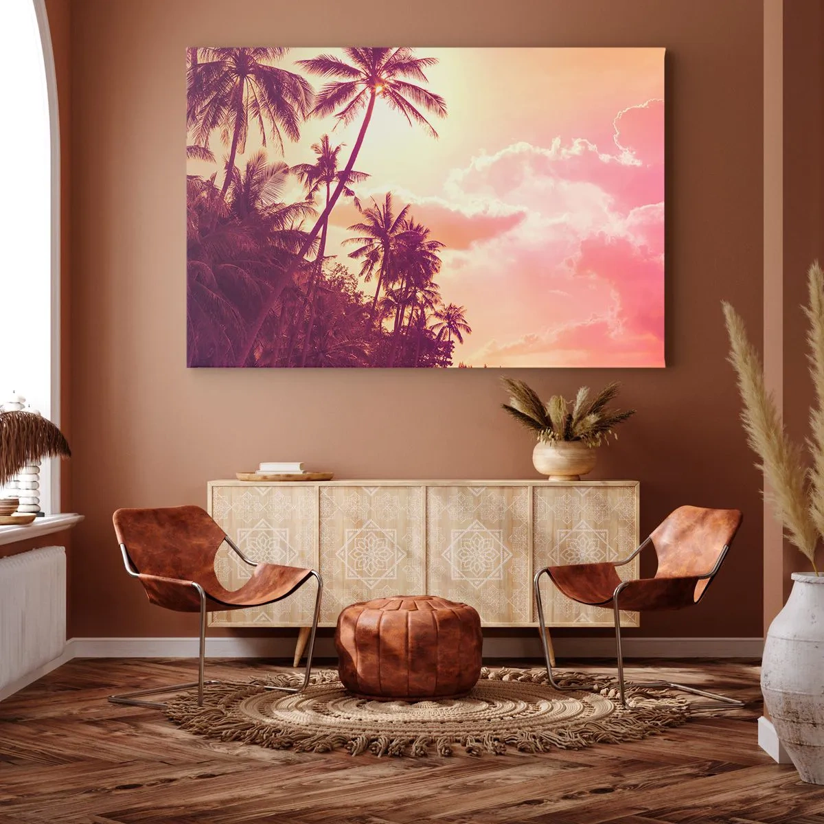 Bild auf Leinwand - Leinwandbild - Palmen, beleuchtet von der untergehenden Sonne in einem tropischen Himmel - 120x80cm - Du musst auswählen - Moderne Wanddekoration für Wohnzimmer und Schlafzimmer ARTTOR