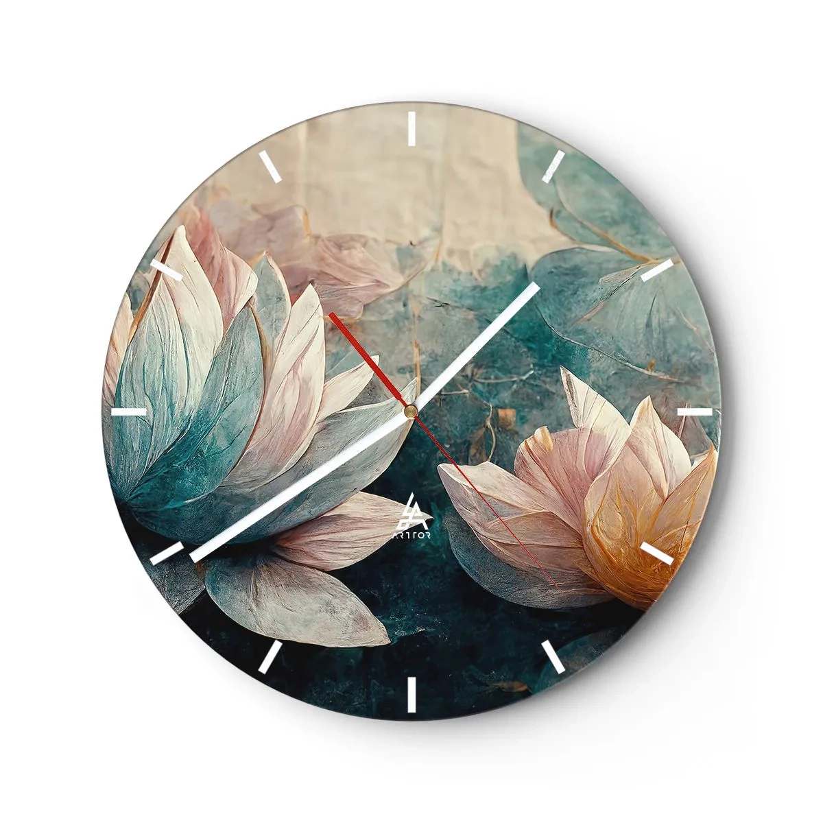 Wanduhr - Glasuhr - Lotusblumen vor dem Hintergrund der grün-blauen Oberfläche des Sees - 30x30cm - Seesterne - Moderne Wanddekoration für Wohnzimmer, Küche und Schlafzimmer ARTTOR