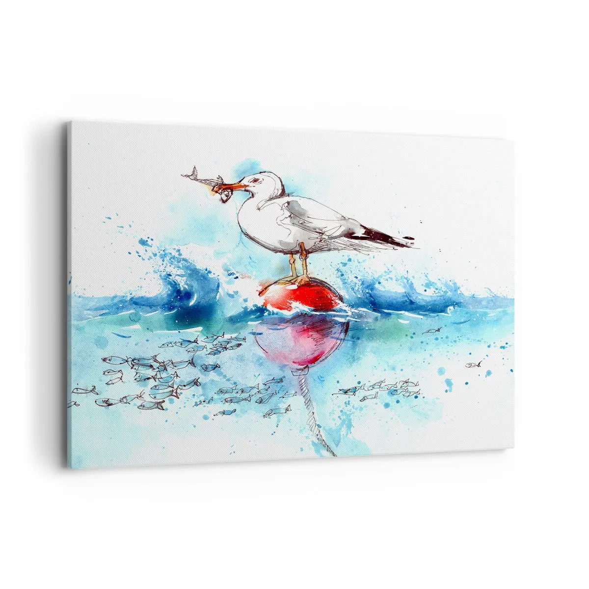 Bild auf Leinwand - Leinwandbild - Möwe auf einer Boje mit Fischen im Hintergrund im Aquarellstil - 100x70cm - Erfolgreicher Fang - Moderne Wanddekoration für Wohnzimmer und Schlafzimmer ARTTOR