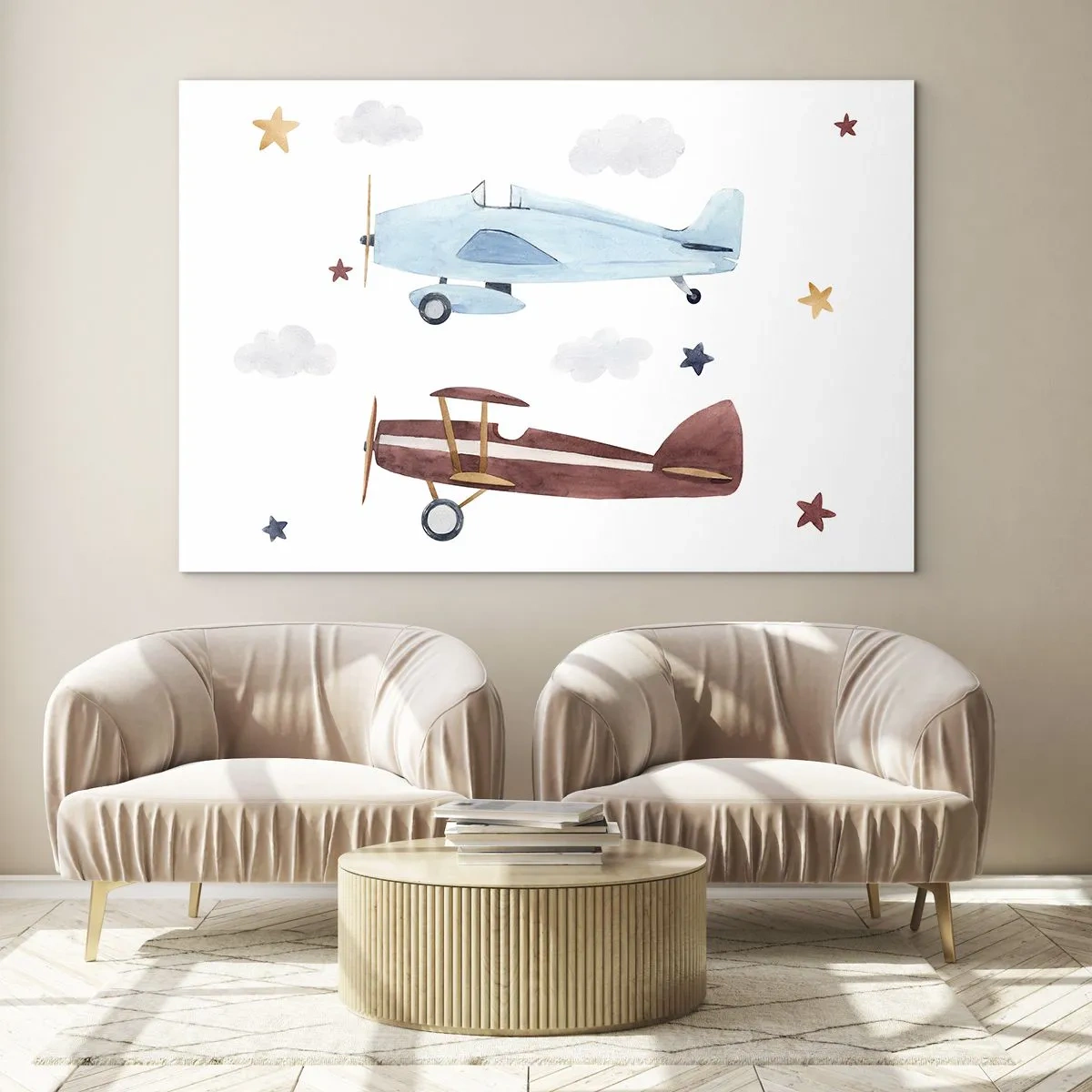 Glasbild - Bild auf glas - Zwei bunte Flugzeuge zwischen Sternen und Wolken - 100x70cm - Wir warten, Herr Pilot! - Moderne Wanddekoration für Wohnzimmer und Schlafzimmer ARTTOR