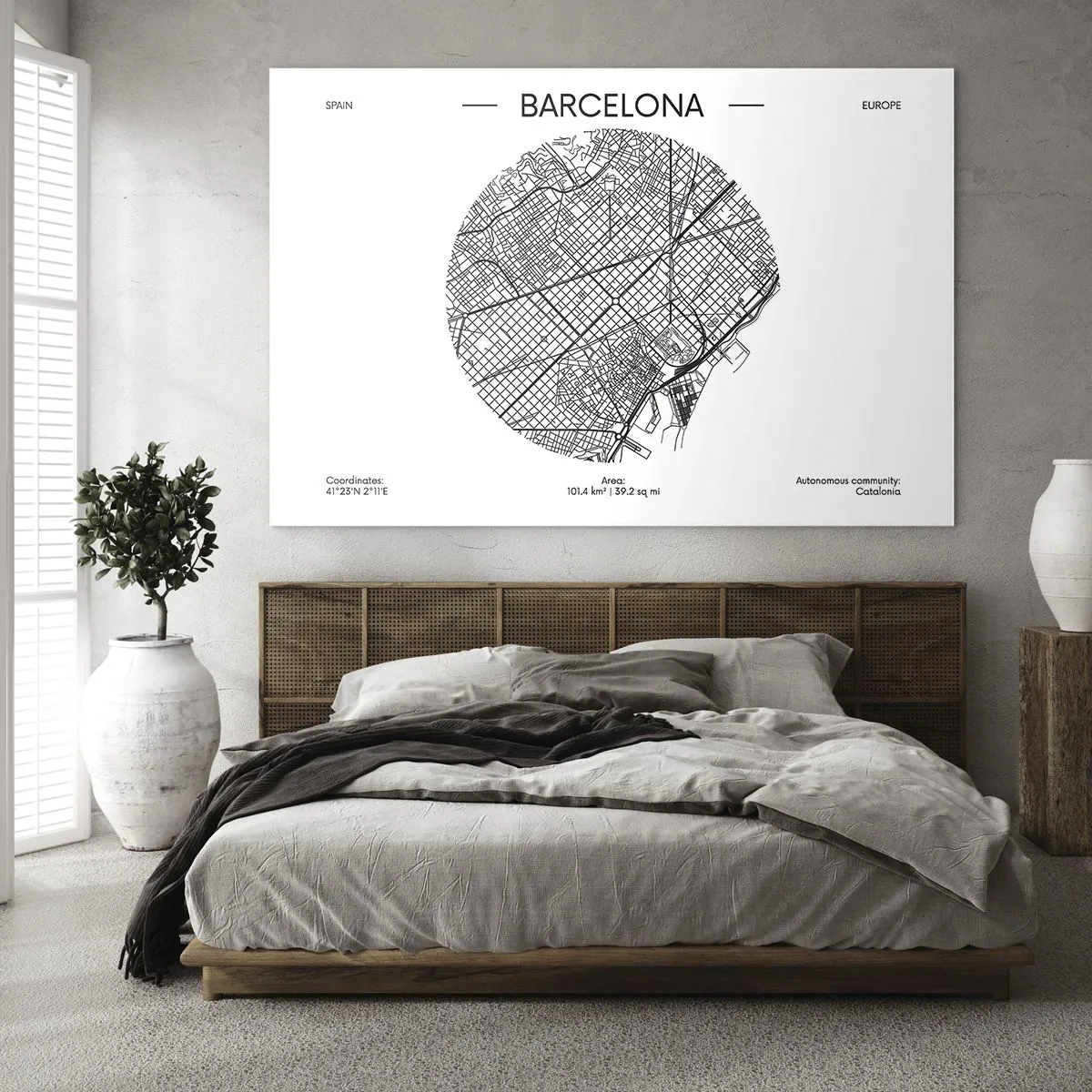 Glasbild - Bild auf glas - Eine minimalistische Karte von Barcelona in Schwarz-Weiß-Ästhetik - 100x70cm - Anatomie von Barcelona - Moderne Wanddekoration für Wohnzimmer und Schlafzimmer ARTTOR