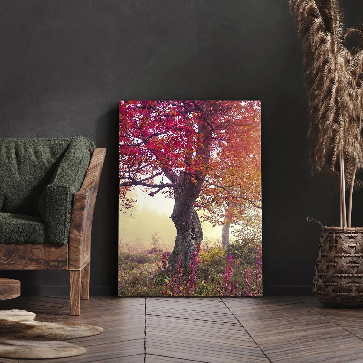 Bild auf Leinwand - Leinwandbild - Herbstlandschaft mit Bäumen in intensiven Farben - 50x70cm - Blühende Raserei - Moderne Wanddekoration für Wohnzimmer und Schlafzimmer ARTTOR