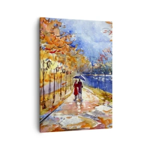Bild auf Leinwand - Leinwandbild - Ein Herbstspaziergang im Park am Flussufer unter einem Regenschirm - 50x70cm - Gemeinsam bis an die Grenze der Zeit - Moderne Wanddekoration für Wohnzimmer und Schlafzimmer ARTTOR