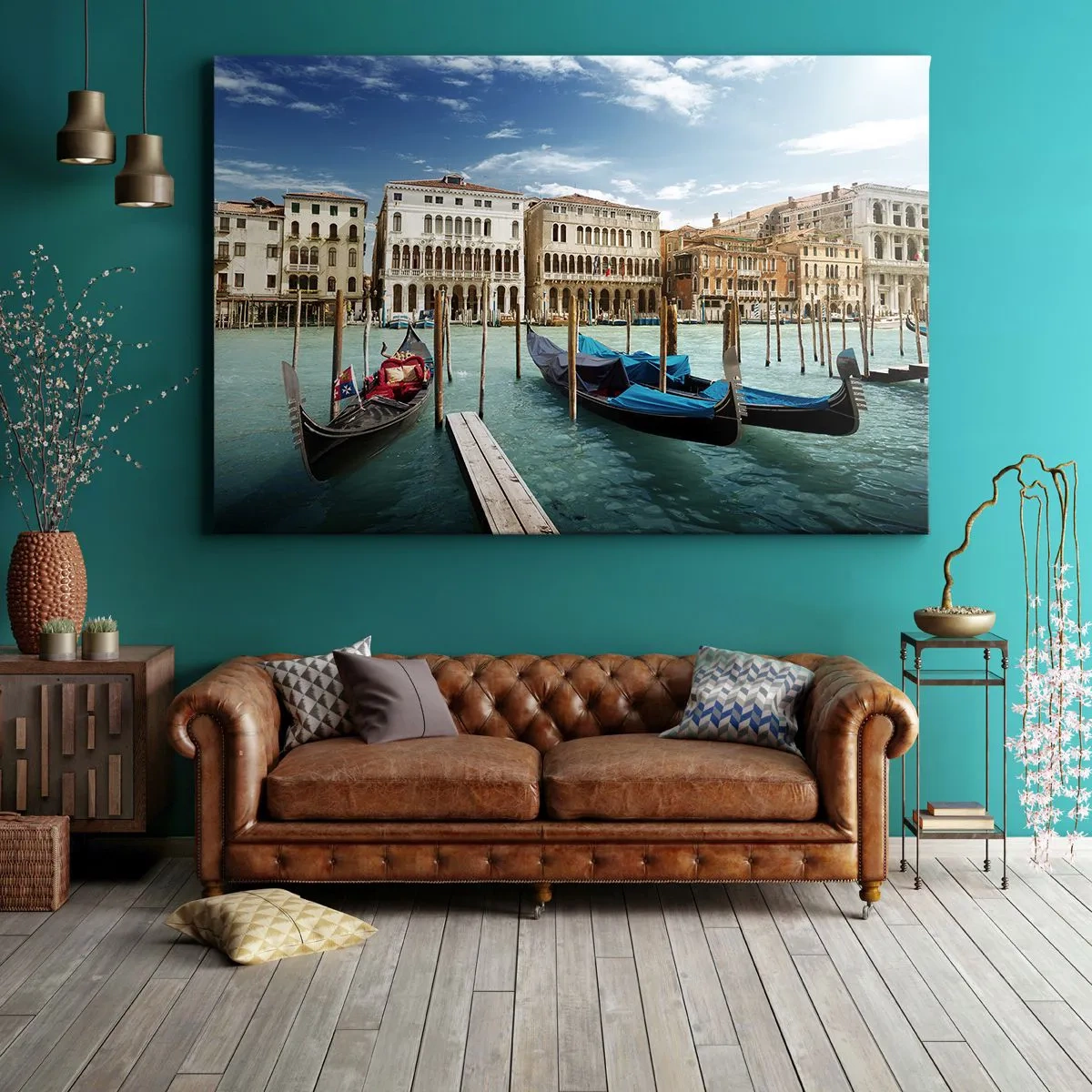 Bild auf Leinwand - Leinwandbild - Venedig mit Gondeln und Palästen gegen den Himmel - 70x50cm - Paläste in Blau - Moderne Wanddekoration für Wohnzimmer und Schlafzimmer ARTTOR