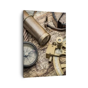 Bild auf Leinwand - Leinwandbild - Ein Kompass, ein Sextant und ein Teleskop vor dem Hintergrund einer alten Karte und eines Seeseils. - 50x70cm - Setze Sie einen Kurs - Moderne Wanddekoration für Wohnzimmer und Schlafzimmer ARTTOR