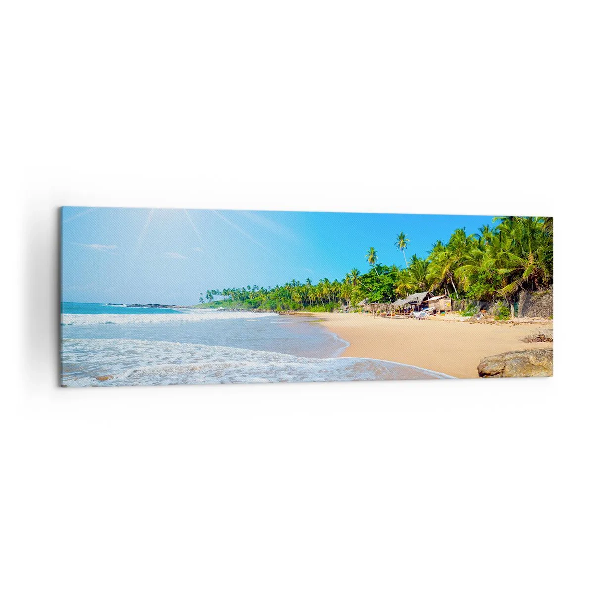 Bild auf Leinwand - Leinwandbild - Tropischer Strand mit Palmen und blauem Himmel - 160x50cm - Ein exotischer Ort für dich - Moderne Wanddekoration für Wohnzimmer und Schlafzimmer ARTTOR