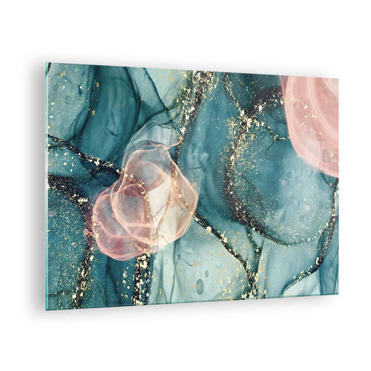 Glasbild - Bild auf glas - Abstrakte Formen in Blau und Pink mit goldenen Details - 70x50cm - Seidenblau, Tüllrosa - Moderne Wanddekoration für Wohnzimmer und Schlafzimmer ARTTOR