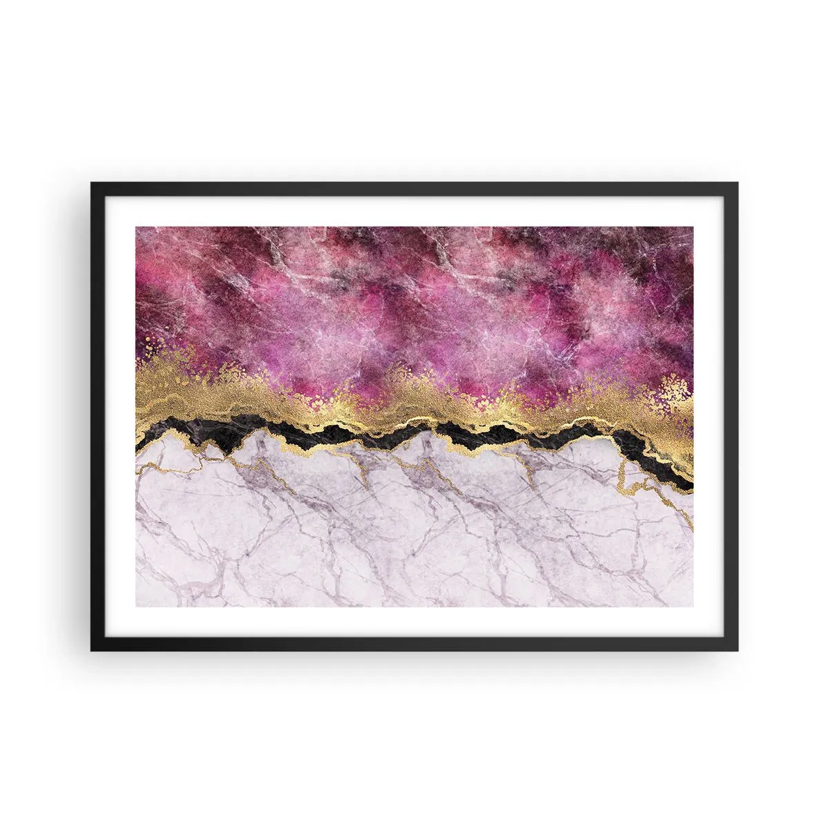 Poster in einem schwarzem Rahmen - Abstrakter Marmor in Rosatönen mit goldenen Akzenten - 70x50cm - An der Grenze - Moderne Wanddekoration für Wohnzimmer und Schlafzimmer ARTTOR