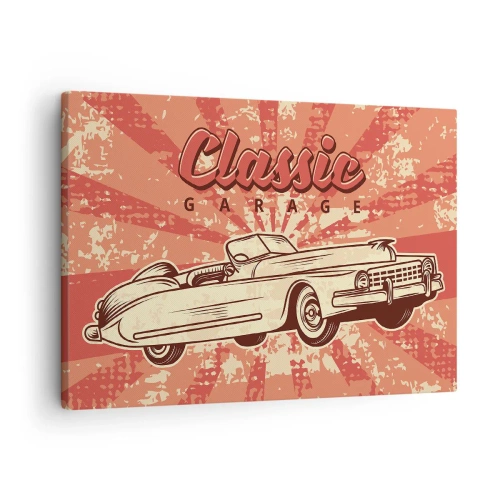 Bild auf Leinwand - Leinwandbild - Retro-Poster mit einem Oldtimer und der Aufschrift „Classic Garage“ - 70x50cm - Und im Radio, Elvis - Moderne Wanddekoration für Wohnzimmer und Schlafzimmer ARTTOR