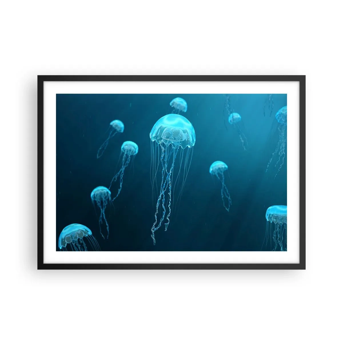 Poster in einem schwarzem Rahmen - Quallen schwimmen in den Tiefen des Ozeans in Blautönen - 70x50cm - Ozeantanz - Moderne Wanddekoration für Wohnzimmer und Schlafzimmer ARTTOR