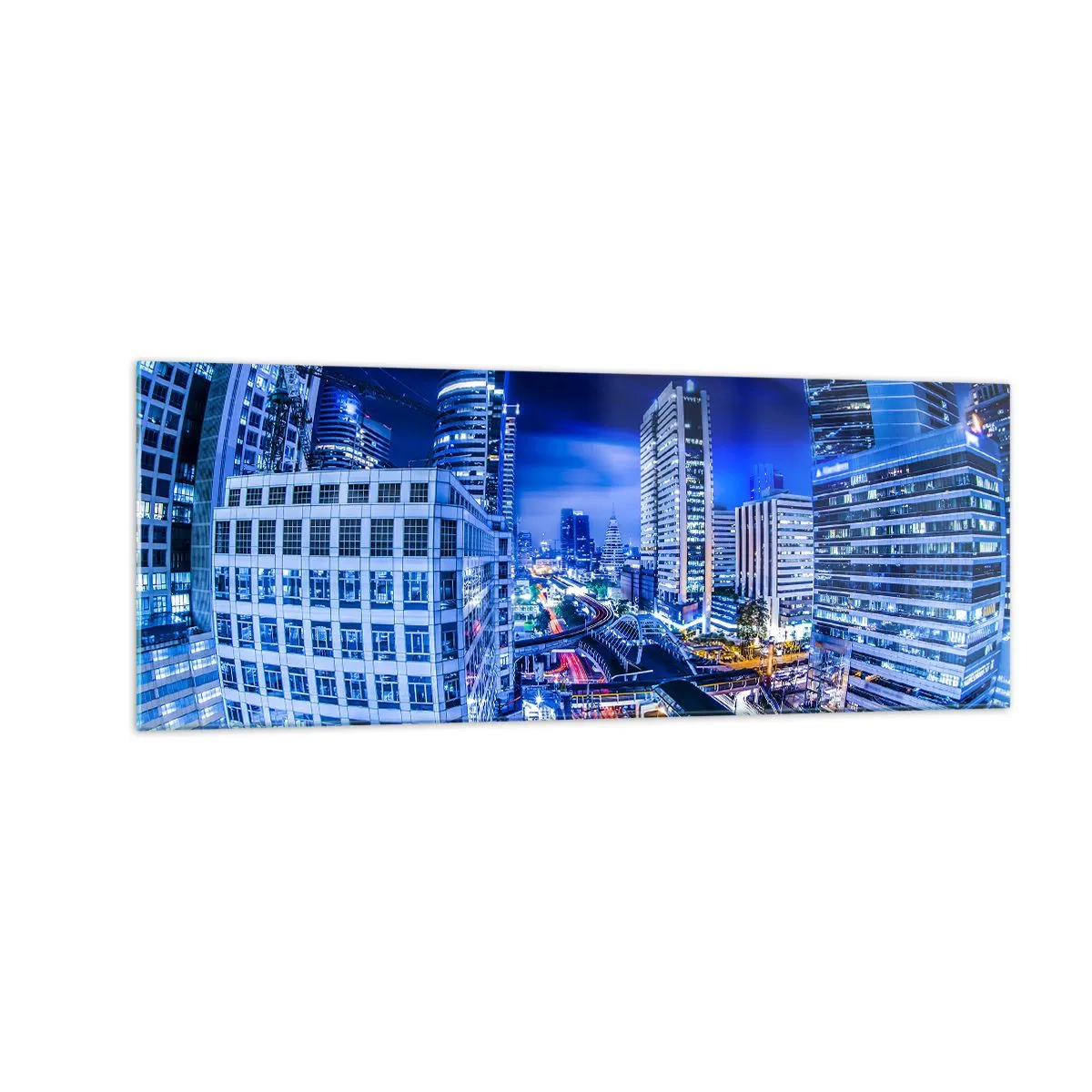 Glasbild - Bild auf glas - Nachtstadtpanorama mit Wolkenkratzern und Straßenlaternen - 140x50cm - Rhythmen der Nachtstadt - Moderne Wanddekoration für Wohnzimmer und Schlafzimmer ARTTOR