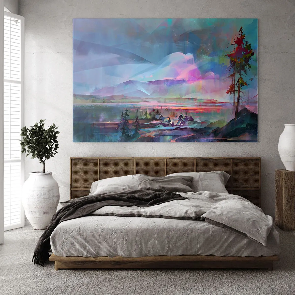 Glasbild - Bild auf glas - Eine farbenfrohe Landschaft mit Bergen und Hütten im surrealen Stil. - 120x80cm - Unter einem wohlwollenden Himmel - Moderne Wanddekoration für Wohnzimmer und Schlafzimmer ARTTOR