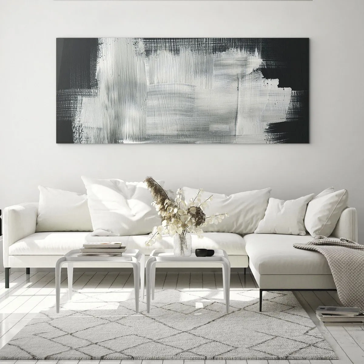 Glasbild - Bild auf glas - Weiße abstrakte Striche auf dunklem Hintergrund - 120x50cm - Vertikal und horizontal gewebt - Moderne Wanddekoration für Wohnzimmer und Schlafzimmer ARTTOR