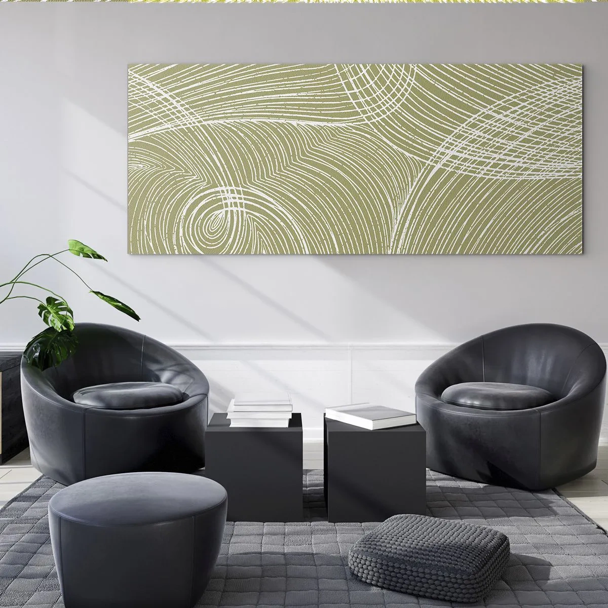 Glasbild - Bild auf glas - Grüne und weiße Linien in einer abstrakten Komposition - 140x50cm - Komplizierte Abstraktion in Weiß - Moderne Wanddekoration für Wohnzimmer und Schlafzimmer ARTTOR