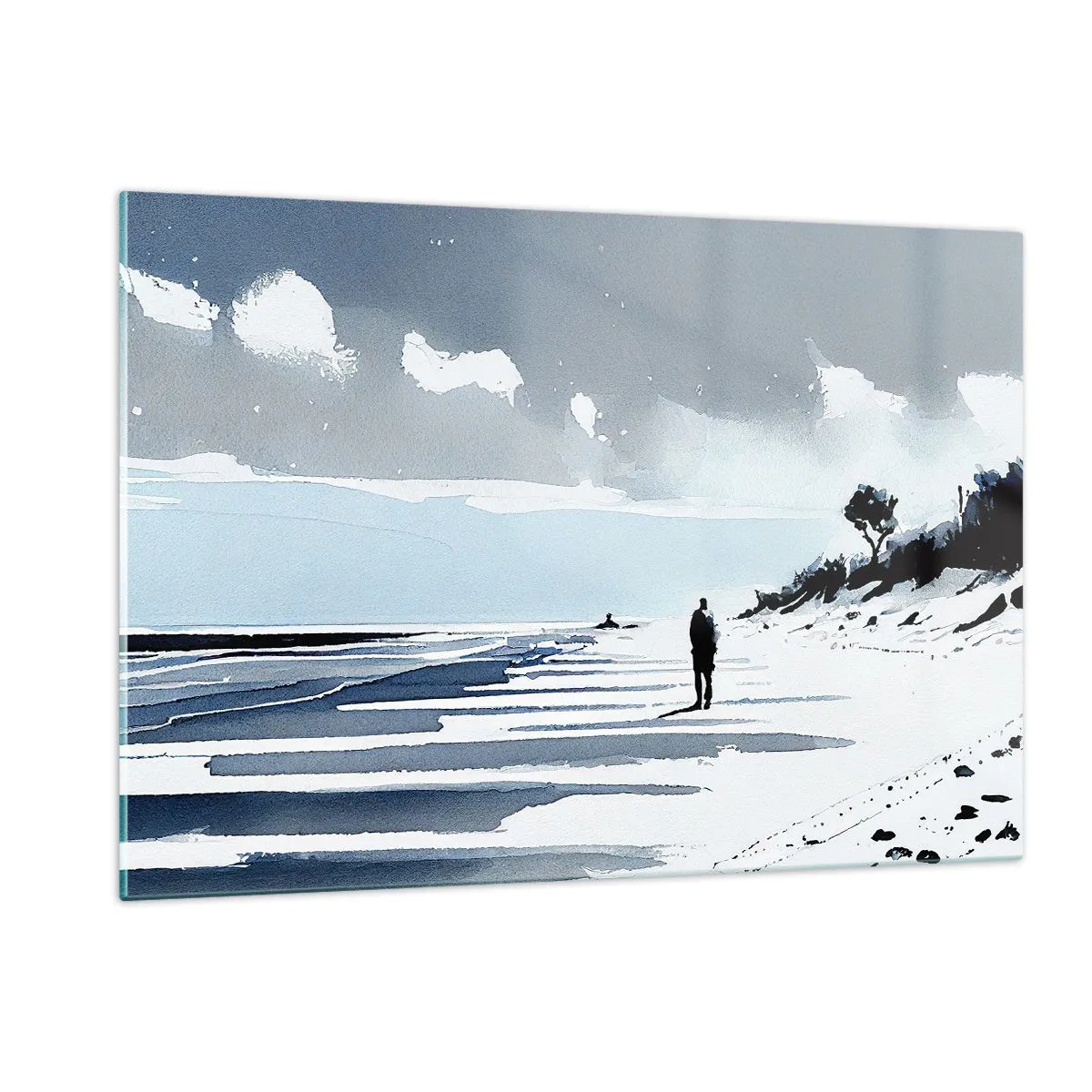 Glasbild - Bild auf glas - Silhouette einer einsamen Person, die an einem leeren Strand spazieren geht - 120x80cm - Allein sein - Moderne Wanddekoration für Wohnzimmer und Schlafzimmer ARTTOR