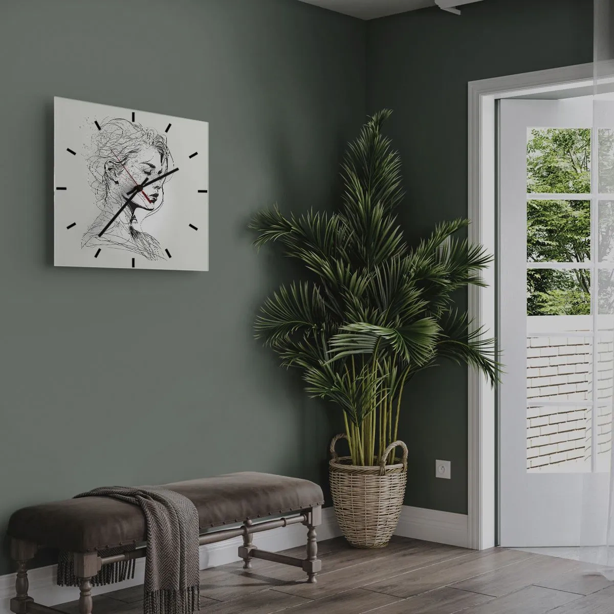 Wanduhr - Glasuhr - Ein zartes Frauenporträt im minimalistischen Grafikstil. - 30x30cm - Porträt im Gedanken - Moderne Wanddekoration für Wohnzimmer und Schlafzimmer ARTTOR