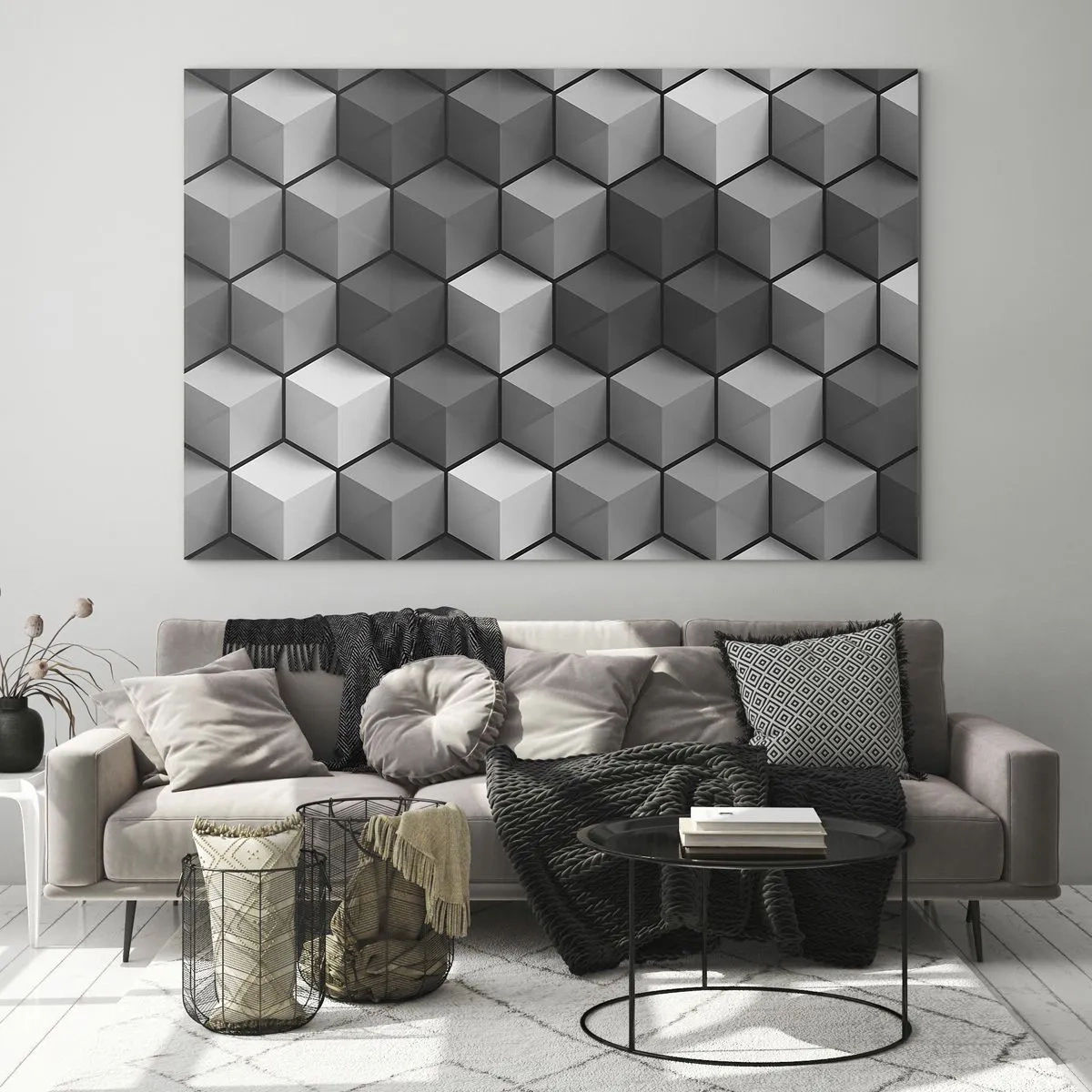 Glasbild - Bild auf glas - Geometrische Würfel in Grautönen - 70x50cm - Kubistisches Puzzle - Moderne Wanddekoration für Wohnzimmer und Schlafzimmer ARTTOR