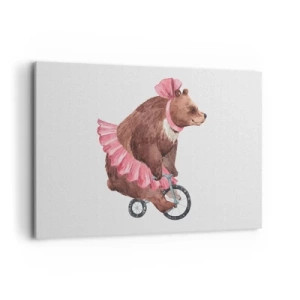 Bild auf Leinwand - Leinwandbild - Ein Teddybär im rosa Rock auf einem Fahrrad im Retro-Stil - 120x80cm - Was für ein Affentheater! - Moderne Wanddekoration für Wohnzimmer und Schlafzimmer ARTTOR