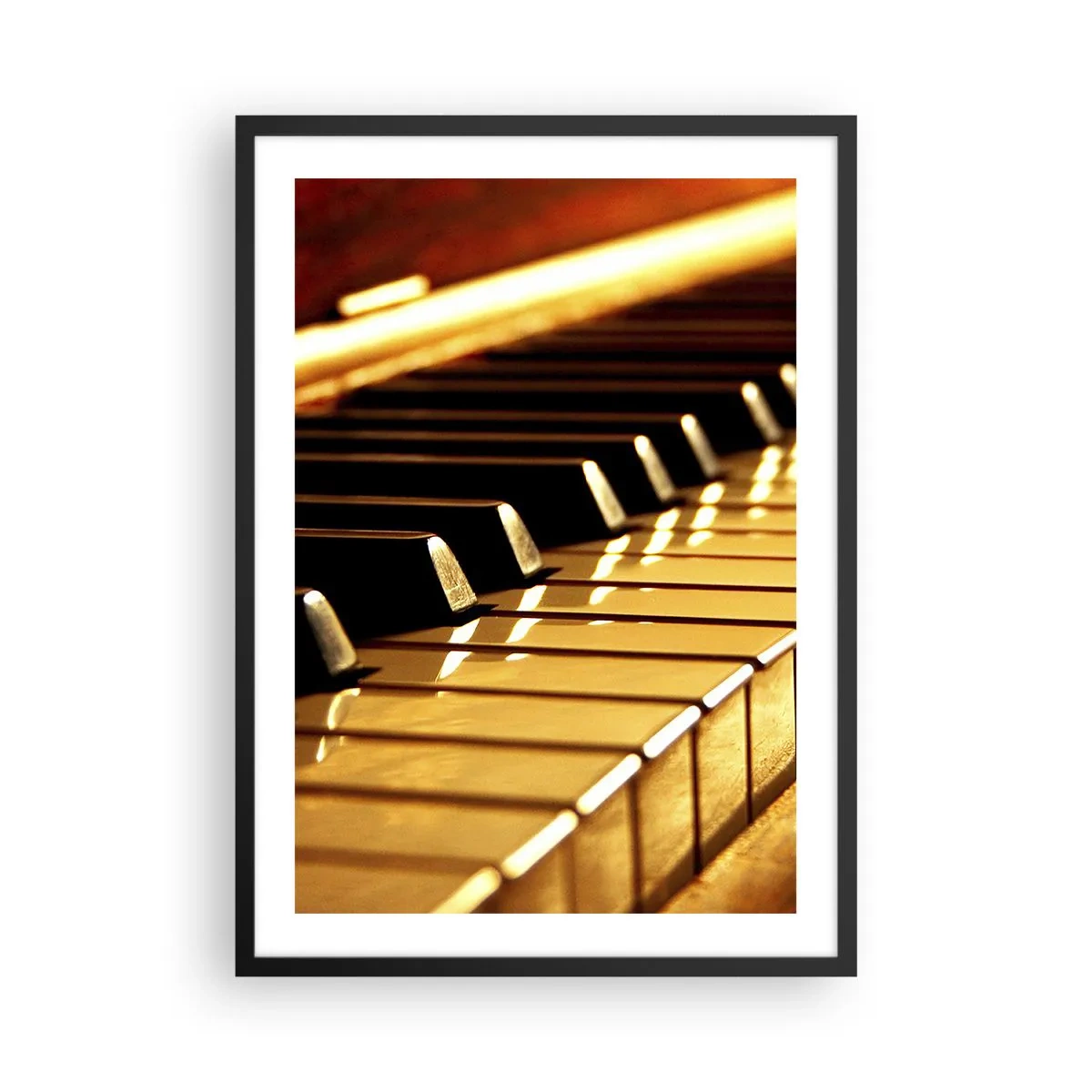 Poster in einem schwarzem Rahmen - Nahaufnahme der Klaviertasten im goldenen Licht - 50x70cm - Endlose Möglichkeiten - Moderne Wanddekoration für Wohnzimmer und Schlafzimmer ARTTOR