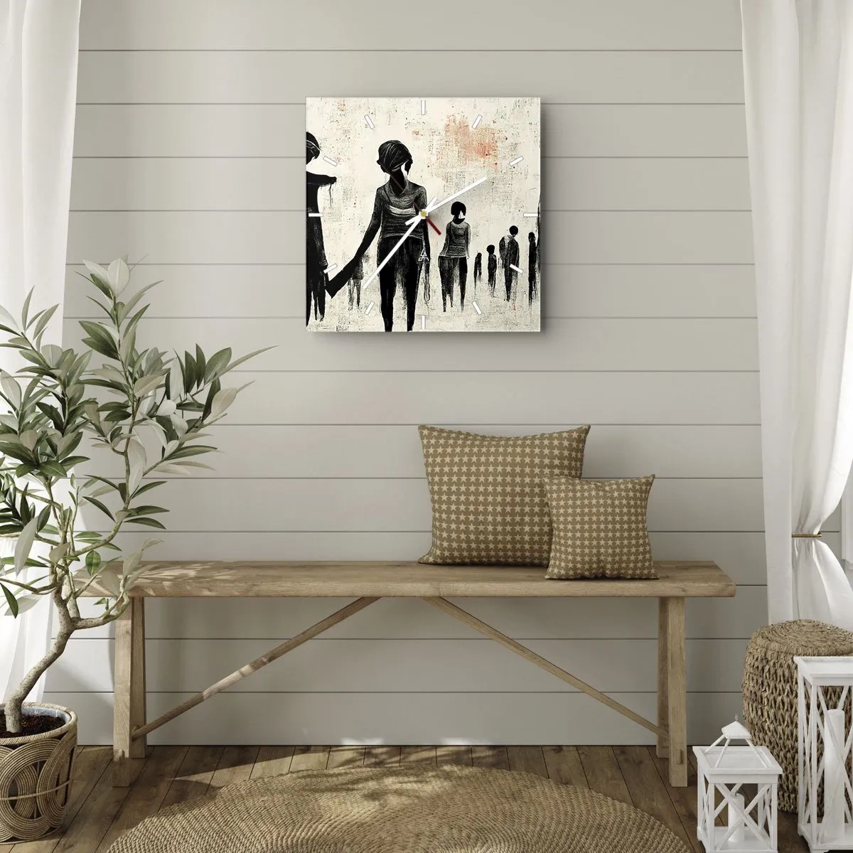 Wanduhr - Glasuhr - Figuren in monochromer Komposition vor hellem Hintergrund - 30x30cm - Gegen die Einsamkeit - Moderne Wanddekoration für Wohnzimmer und Schlafzimmer ARTTOR