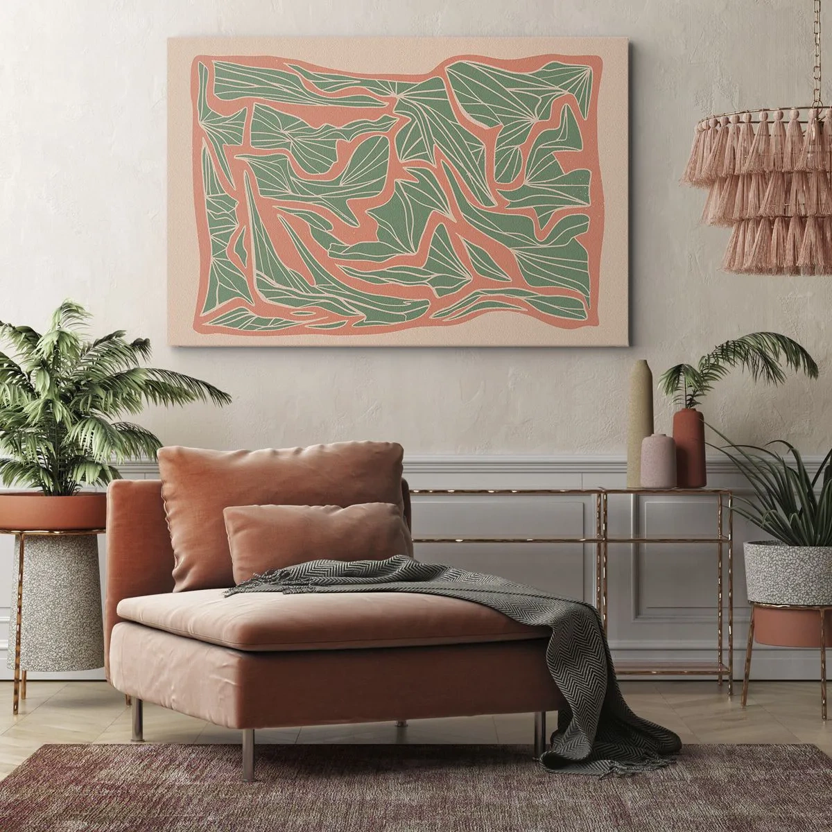 Bild auf Leinwand - Leinwandbild - Ein Pflanzenmuster in Grün- und Orangetönen - 100x70cm - Kampf zwischen Korallen und Grün - Moderne Wanddekoration für Wohnzimmer und Schlafzimmer ARTTOR