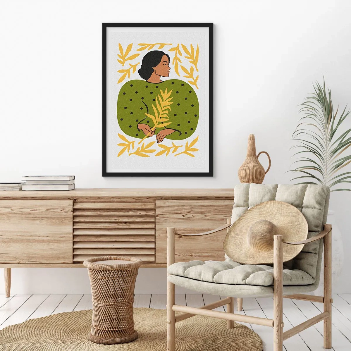 Poster in einem schwarzem Rahmen - Porträt einer Frau in einem grünen Kleid mit einem gelben Blatt, mit einem zarten Muster - 50x70cm - Hawaiianisches Mädchen - Moderne Wanddekoration für Wohnzimmer und Schlafzimmer ARTTOR