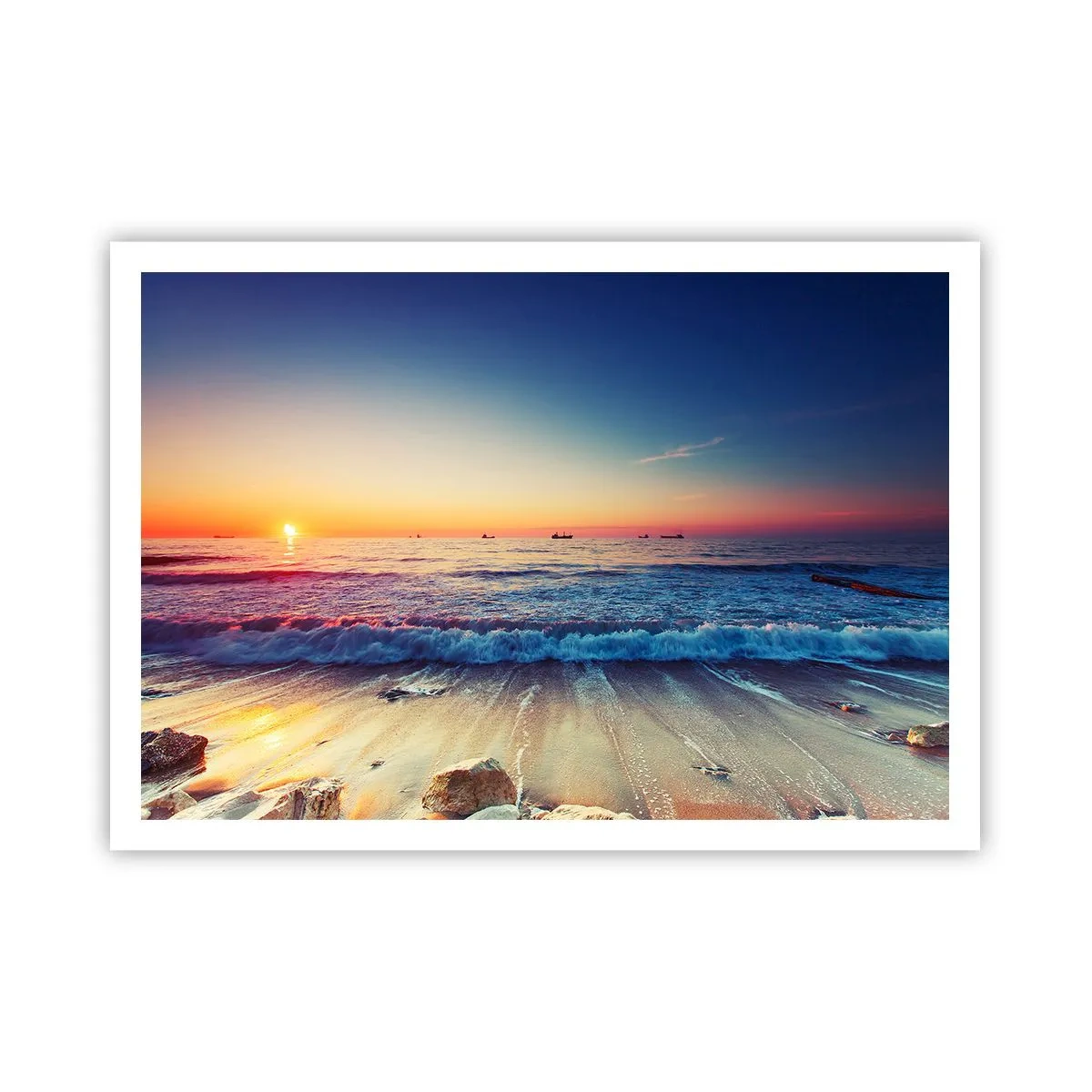 Poster - Sonnenuntergang über einem ruhigen Meer mit Wellen - 100x70cm - Was ist mit dem Horizont? - Moderne Wanddekoration für Wohnzimmer und Schlafzimmer ARTTOR