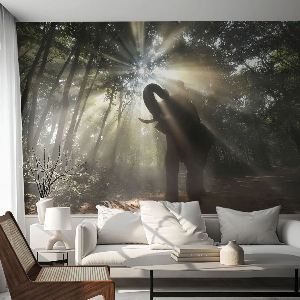 Fototapete Premium Canvas - Ein Elefant im Wald, umgeben von Lichtstrahlen im Morgennebel - 100x70cm - Unter dem Glücksstern - Moderne Wanddekoration für Wohnzimmer und Schlafzimmer ARTTOR