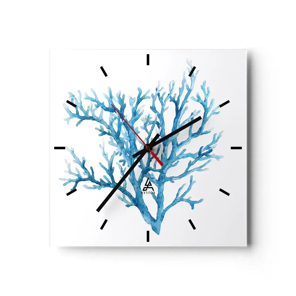 Wanduhr - Glasuhr - Blaue Koralle auf weißem Hintergrund mit minimalistischem Flair - 30x30cm - Nautisches Filigran - Moderne Wanddekoration für Wohnzimmer und Schlafzimmer ARTTOR