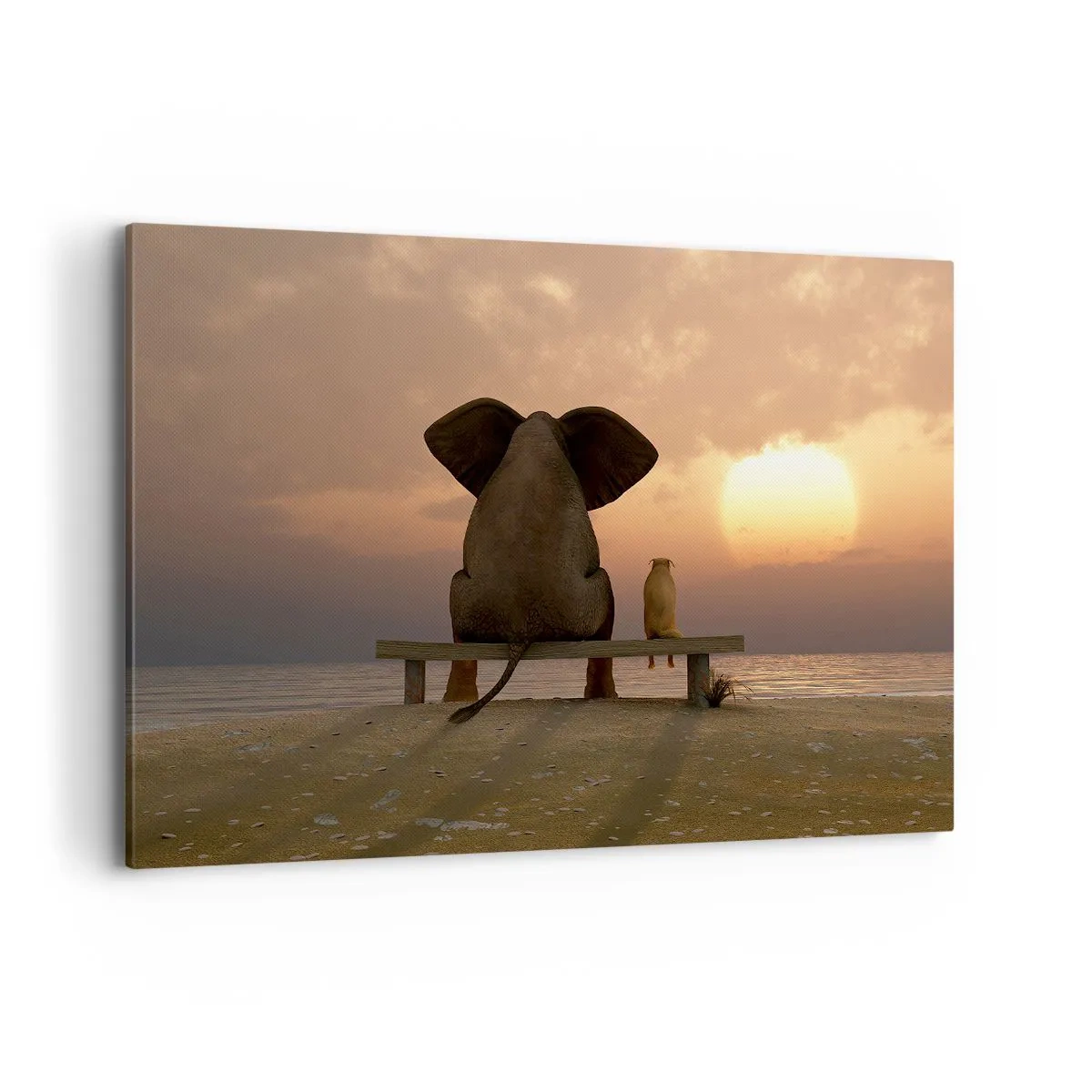Bild auf Leinwand - Leinwandbild - Ein Elefant und ein Hund sitzen während des Sonnenuntergangs auf einer Bank am Strand. - 120x80cm - Es tut gut zusammen zu schweigen - Moderne Wanddekoration für Wohnzimmer und Schlafzimmer ARTTOR