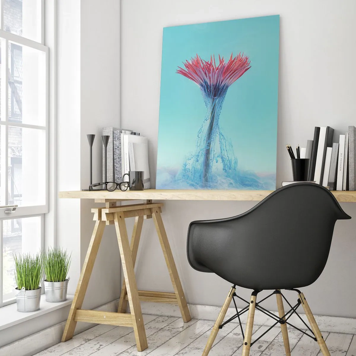 Glasbild - Bild auf glas - Eine phantasievolle Blume, eingetaucht in einen blauen und rosa Dunst - 50x70cm - In einer belebenden Umarmung - Moderne Wanddekoration für Wohnzimmer und Schlafzimmer ARTTOR