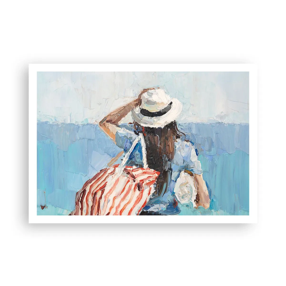 Poster - Eine Frau mit Hut vor dem blauen Meer - 100x70cm - Willkommen in den Sommerferien - Moderne Wanddekoration für Wohnzimmer und Schlafzimmer ARTTOR